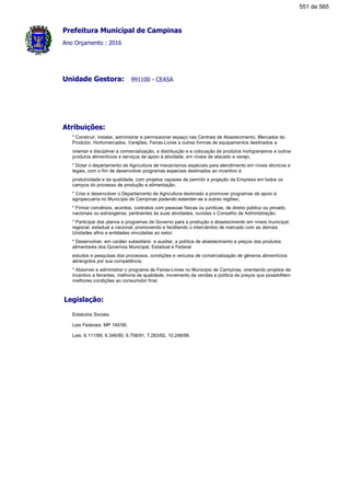 Prefeitura Municipal de Campinas
Ano Orçamento : 2016
991100 - CEASAUnidade Gestora:
Atribuições:
* Construir, instalar, administrar e permissionar espaço nas Centrais de Abastecimento, Mercados do
Produtor, Hortomercados, Varejões, Feiras-Livres e outras formas de equipamentos destinados a
orientar e disciplinar a comercialização, a distribuição e a colocação de produtos hortigranjeiros e outros
produtos alimentícios e serviços de apoio à atividade, em níveis de atacado e varejo;
* Dotar o departamento de Agricultura de mecanismos especiais para atendimento em níveis técnicos e
legais, com o fim de desenvolver programas especiais destinados ao incentivo à
produtividade e da qualidade, com projetos capazes de permitir a projeção da Empresa em todos os
campos do processo de produção e alimentação;
* Criar e desenvolver o Departamento de Agricultura destinado a promover programas de apoio à
agropecuária no Município de Campinas podendo estender-se a outras regiões;
* Firmar convênios, acordos, contratos com pessoas físicas ou jurídicas, de direito público ou privado,
nacionais ou estrangeiras, pertinentes às suas atividades, ouvidas o Conselho de Administração;
* Participar dos planos e programas de Governo para a produção e abastecimento em níveis municipal,
regional, estadual e nacional, promovendo e facilitando o intercâmbio de mercado com as demais
Unidades afins e entidades vinculadas ao setor;
* Desenvolver, em caráter subsidiário e auxiliar, a política de abastecimento e preços dos produtos
alimentares dos Governos Municipal, Estadual e Federal
estudos e pesquisas dos processos, condições e veículos de comercialização de gêneros alimentícios
abrangidos por sua competência;
* Absorver e administrar o programa de Feiras-Livres no Município de Campinas, orientando projetos de
incentivo a feirantes, melhoria de qualidade, incremento de vendas e política de preços que possibilitem
melhores condições ao consumidor final.
Legislação:
Estatutos Sociais.
Leis Federais: MP 140/90.
Leis: 6.111/89, 6.346/90, 6.758/91, 7.283/92, 10.248/99.
551 de 565
 