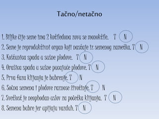 Tačno/netačno
1. Biljke čije seme ima 2 kotiledona zovu se monoktile. T N
2. Seme je reproduktivni organ koji nastaje iz semenog zametka. T N
3. Koštunica spada u sušne plodove. T N
4. Orašica spada u sušne pucajuće plodove. T N
5. Prva faza klijanja je bubrenje. T N
6. Sočna semena i plodove raznose životinje. T N
7. Svetlost je neophodan uslov za početka klijanja. T N
8. Semena bubre jer upijaju vazduh. T N
 