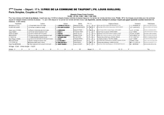 7ème
Course – Départ : 17 h. 30PRIX DE LA COMMUNE DE TAUPONT ( PX. LOUIS GUILLOIS)
Paris Simples, Couplés et Trio.
(Steeple-Chase-Cross-Country)
14.000 - (6.720, 3.360, 1.960, 1.330, 630).
Pour tous chevaux de 5 ans et au-dessus, n’ayant pas reçu 16.000 en steeple-chases (victoires et places) depuis le 1er janvier de l’année dernière inclus. Poids : 67 k. Surcharges accumulées pour les sommes
reçues en steeple-chases (victoires et places) : 1 k. par 2.500 depuis le 1er janvier de l’année dernière inclus. Les Apprentis, Jeunes Jockeys et Jockeys n’ayant pas gagné quarante courses recevront 2 k.
Distance : 4.000 mètres
Propriétaires Couleurs Chevaux Montes Poids (1) Origines ♦ Eleveurs Entraîneurs Performances
BROSSEAU ET FILS................................ Rouge etoiles noires m et t rouges......................................................;D?8=634C48;;44Ì.......... Stephane PAILLARD.... 72 ....... H. gr.-f. 7 Divine Light (JPN) et Daylina (GB) ♦ BROSSEAU ET FILS .................................... J. BOISNARD (S)..........................5c Ac 1c 6c (14) 6c 4c 3c 4c 3c
ECURIE DES DUNES ................................!Gros-bleu un diabolo et t orange .........................................................!E;=8A34:4AB4A............. Rees MORGAN MURPHY
..................................
72 70... H. b. 6 Policy Maker (IRE) et Nuit De Kerser ♦ Mme KERSTIN DREVET......................... !P. QUINTON (S)............................1c Ac 2c (14) 8s 1s 4c (13) 4s 3s
Xavier-Louis LE STANG................................Mauve m chevronnees gris et noir t grise................................2740E4=................................. Richard LE STANG ...... 72 70... H. gr. 9 East Of Heaven (IRE) et Comete D'Auge ♦ JEAN GILBERT ................................. XL. LE STANG ..............................7c 4c 2c 1c 3c 8c 8s 0s (14) 7c
Serge HAMON......................................................#Vert-clair ceinture brassards et t noirs................................ #A0827Ì........................................... M. Alexandre ORAIN .... 71 ....... H. b. 10 Grand Tresor et Jourenuit ♦ SERGE HAMON ............................................. #S. HAMON................................1s 8s (14) As 3s As 4c (13) 3s 2s
Gerard LECOMTE ................................ $Jaune un chevron vert m et t jaunes................................ $B0=C806.......................................... Romain JULLIOT ....... 71 ....... H. b.-f. 9 Diableneyev (USA) et Idria Des Bois ♦ GERARD CLAISSE .................................. $GER. LECOMTE ...........................Tc 3c Ac 1c (14) 7c 3c 6c Ac
Marcel BASSET....................................................%Jaune cout vertes m jaunes brassards et t verts................................%F8=4A34B2C84A4BΦ............ Sebastien ZULIANI....... 70 ....... H. al. 9 Maille Pistol et Cathy Des Cotieres ♦ ANTHONY BASSET.................................... %W. MENUET (S)............................Ac 4c 2c 3c As As (14) 4s 3s Ah
D. CADOT (S).......................................................Violette epaulettes brassards et t gris................................ 0AC010=F8=3.......................... M. Cyril COSTE ......... 70 ....... H. b. 7 Denham Red et Wind Flover ♦ MICKAEL RENAUD.................................... D. CADOT (S)................................(14) Tc 1c 2c 8s 6c (13) 5s 3c
Mme Philippe CHEMIN................................'Jaune croix de saint-andre et m bles brass et t jaunes ................................'DB068................................................ Christophe HERPIN...... 70 ....... F. gr. 7 Le Balafre et Kobila ♦ PHILIPPE CHEMIN......................................... 'P. CHEMIN ................................1c 3c 4c 4c 4c (14) Ac Ts 4c 6c
Mlle Aurore EDON................................ (Noire 1 losange et m jaunes t noire.....................................................(;0?0;80Ì............................. Alban DESVAUX........ 70 ....... F. b. 7 Dano Mast (GB) et Quantanamera ♦ BERNARD FERNAND LECLERE............... (Mlle A. EDON ................................(14) Tc 1c 6c 1c 4c 7s As (13) 5s
A. LE CLERC (S)..................................................Blanche etoiles marron t marron..........................................................04;D3¬?08GΦ........................... Florent NEVEU .......... 70 68... F. bb. 7 Passing Sale et Blueborg ♦ DAMIEN SOUCHET ........................................ A. LE CLERC (S)...........................3c 3c 2c 4c (14) As Ac Tc Tc 1c
Pierre-Yves MERIENNE................................Bleu-cl epaul gr-bl m bl-cl cout gr-bl t ec bl-cl gr-bl................................7867C6AÌ........................ Yoann LECOURT....... 68 ....... F. b. 7 Tiger Groom (GB) et High Receleuse ♦ GOULVEN BERTHOULOUX.................. J. MERIENNE................................2c 4c 5c 2s 6s (14) 3c 7c 6s
34 Engts - 12 forf. - 3 Annul. de part. - 7 N.D.P.
Arrivée : 1er ............... 2e ............... 3e ............... 4e ............... 5e ............... 6e ............... 7e ............... 8e ............... 9e ............... 10e ............... - Mutuel : G ............... P ............... ............... ............... - PJ : G ............... P ............... ............... ............... - Trio ...............
 