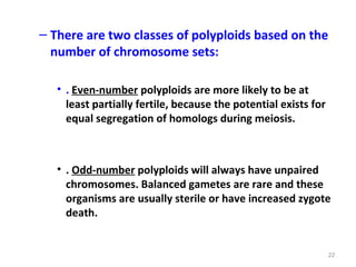 – There are two classes of polyploids based on the
number of chromosome sets:
• . Even-number polyploids are more likely to be at
least partially fertile, because the potential exists for
equal segregation of homologs during meiosis.
• . Odd-number polyploids will always have unpaired
chromosomes. Balanced gametes are rare and these
organisms are usually sterile or have increased zygote
death.
22
 