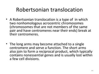 Robertsonian translocation
• A Robertsonian translocation is a type of in which
two nonhomologous acrocentric chromosomes
(chromosomes that are not members of the same
pair and have centromeres near their ends) break at
their centromeres.
• The long arms may become attached to a single
centromere and serve a function. The short arms
also join to form a reciprocal product, which typically
contains nonessential genes and is usually lost within
a few cell divisions.
44
 