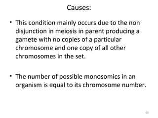 Causes:
• This condition mainly occurs due to the non
disjunction in meiosis in parent producing a
gamete with no copies of a particular
chromosome and one copy of all other
chromosomes in the set.
• The number of possible monosomics in an
organism is equal to its chromosome number.
60
 