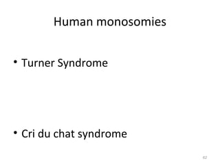 Human monosomies
• Turner Syndrome
• Cri du chat syndrome
62
 