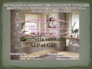 Plomberie sanitaire
AEP et Gaz
Encadrés Par:
Mr. Ait Ahmed.S
Mme. Ben Aoudia
Réalisé par :
Sahraoui Nassima
Selmane kahina
 