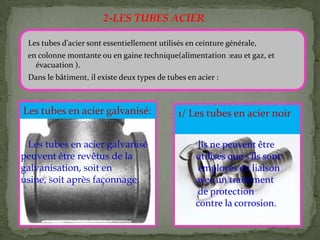 2-LES TUBES ACIER
Les tubes d'acier sont essentiellement utilisés en ceinture générale,
en colonne montante ou en gaine technique(alimentation :eau et gaz, et
évacuation ).
Dans le bâtiment, il existe deux types de tubes en acier :
lis ne peuvent être
utilisés que s'ils sont
employés en liaison
avec un traitement
de protection
contre la corrosion.
1/ Les tubes en acier noir
Les tubes en acier galvanisé
peuvent être revêtus de la
galvanisation, soit en
usine, soit après façonnage.
Les tubes en acier galvanisé:
 