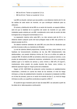 5-51
- BIE de 45 mm: Tienen un caudal de 3,3 L/s.
- BIE de 25 mm: Tienen un caudal de 1,6 L/s.
Las BIE se situarán, siempre que sea posible, a una distancia máxima de 5 m de
las salidas de cada sector de incendio, sin que constituyan obstáculo para su
utilización.
El número y distribución de las BIE en un sector de incendio, en espacio diáfano,
será tal que la totalidad de la superficie del sector de incendio en que estén
instaladas quede cubierta por una BIE, considerando como radio de acción de ésta
la longitud de su manguera incrementada en 5 m.
La separación máxima entre cada BIE y su más cercana será de 50 m. La
distancia desde cualquier punto del local protegido hasta la BIE más próxima no
deberá exceder de 25 m.
Se deberá mantener alrededor de cada BIE una zona libre de obstáculos que
permita el acceso a ella y su maniobra sin dificultad.
La red de tuberías deberá proporcionar, durante una hora, como mínimo, en la
hipótesis de funcionamiento simultáneo de las dos BIE hidráulicamente más
desfavorables, una presión dinámica mínima de 2 bar en el orificio de salida de
cualquier BIE. El sistema de BIE se someterá, antes de su puesta en servicio, a una
prueba de estanquidad y resistencia mecánica, sometiendo a la red a una presión
estática igual a la máxima de servicio y como mínimo a 980 kPa (10 kg/cm2
),
manteniendo dicha presión de prueba durante dos horas, como mínimo, no
debiendo aparecer fugas en ningún punto de la instalación.
Según el R.D. 2267/2004 de protección contra incendios en establecimientos
industriales y teniendo en cuenta las áreas de los sectores, el nivel de riesgo
intrínseco y el tipo de establecimiento industrial, es necesaria la instalación de BIEs
en el área de proceso, pues es un sector de incendio de tipo C, su nivel de riesgo
intrínseco es alto y su superficie construida es superior a 500 m2
.
El caudal de agua necesario para el caso de estas BIE´s se calculará a partir de
los datos de la tabla expuesta a continuación:
 