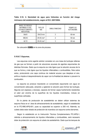 5-52
Tabla 5.10. 4. Necisidad de agua para hidrantes en función del riesgo
intrínseco del establecimiento, según el R.D. 2267/2004.
Se colocarán 6 BIEs en la zona de proceso.
5.10.6.7. Espumas.
Las espumas como agente extintor consisten en una masa de burbujas rellenas
de gas que se forman a partir de soluciones acuosas de agentes espumantes de
distintas fórmulas. Dado que la espuma es más ligera que la solución acuosa de la
que se forma y más ligera que los líquidos inflamables o combustibles, flota sobre
estos, produciendo una capa continua de material acuoso que desplaza el aire,
enfría e impide el desprendimiento de vapor con la finalidad de detener o prevenir la
combustión.
La espuma se produce mezclando un concentrado espumante con agua en
concentración adecuada, aireando y agitando la solución para formar las burbujas.
Algunas son espesas y viscosas, capaces de formar capas fuertemente resistentes
al calor por encima de la superficie de los líquidos incendiados, incluso en
superficies verticales.
En la planta de producción de acetaldehido se deben utilizar sistemas de
espuma física en el área de almacenamiento de acetaldehido, según lo establecido
en la ITC-MIE-APQ-001, pues su capacidad es superior a 200 m3. Además, su
cubeto debe estar dotado de protección de incendios con espuma contra derrames.
Según lo establecido en la Instrucción Técnica Complementaria ITC-APQ-1,
referida a almacenamiento de líquidos inflamables y combustibles, será necesario
dotar de protección con espuma al cubeto de acetaldehído. Dado que los tanques de
 