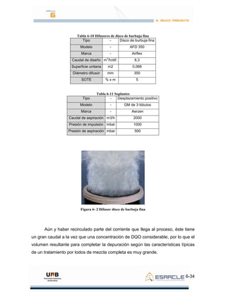 6-34
Tabla 6-10 Difusores de disco de burbuja fina
Tipo - Disco de burbuja fina
Modelo - AFD 350
Marca - Airflex
Caudal de diseño m
3
/h/dif. 8,3
Superficie unitaria m2 0,066
Diámetro difusor mm 350
SOTE % x m 5
Tabla 6-11 Soplantes
Tipo - Desplazamiento positivo
Modelo - GM de 3 lóbulos
Marca - Aerzen
Caudal de aspiración m3/h 2000
Presión de impulsión mbar 1000
Presión de aspiración mbar 500
Figura 6- 2 Difusor disco de burbuja fina
Aún y haber recirculado parte del corriente que llega al proceso, éste tiene
un gran caudal a la vez que una concentración de DQO considerable, por lo que el
volumen resultante para completar la depuración según las características típicas
de un tratamiento por lodos de mezcla completa es muy grande.
 