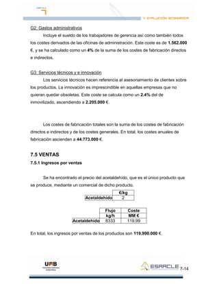 7-14
G2: Gastos administrativos
Incluye el sueldo de los trabajadores de gerencia así como también todos
los costes derivados de las oficinas de administración. Este coste es de 1.562.000
€, y se ha calculado como un 4% de la suma de los costes de fabricación directos
e indirectos.
G3: Servicios técnicos y e innovación
Los servicios técnicos hacen referencia al asesoriamiento de clientes sobre
los productos. La innovación es imprescindible en aquellas empresas que no
quieran quedar obsoletas. Este coste se calcula como un 2.4% del de
inmovilizado, ascendiendo a 2.205.000 €.
Los costes de fabricación totales son la suma de los costes de fabricación
directos e indirectos y de los costes generales. En total, los costes anuales de
fabricación ascienden a 44.773.000 €.
7.5 VENTAS
7.5.1 Ingresos por ventas
Se ha encontrado el precio del acetaldehído, que es el único producto que
se produce, mediante un comercial de dicho producto.
€/kg
Acetaldehído 2
Flujo Coste
kg/h MM €
Acetaldehído 8333 119,99
En total, los ingresos por ventas de los productos son 119.990.000 €.
 