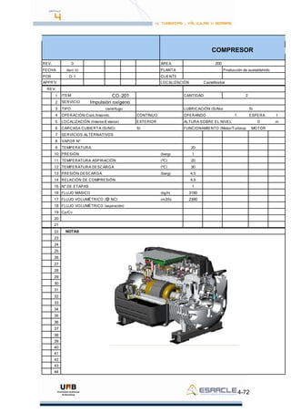 4-72
COMPRESOR
REV. 0 ÁREA 200
FECHA Abril 10 PLANTA Producción de acetaldehído
POR O-1 CLIENTE -
APPR'V LOCALIZACIÓN Castellbisbal
REV.
1 ITEM CO-201 CANTIDAD 2
2 SERVICIO Impulsión oxígeno
3 TIPO centrífugo LUBRICACIÓN (Si/No) Si
4 OPERACIÓN:Cont./Intermit. CONTÍNUO OPERANDO 1 ESPERA 1
5 LOCALIZACIÓN (Interior/Exterior) EXTERIOR ALTURA SOBRE EL NIVEL 0 m
6 CARCASA CUBIERTA (SI/NO) SI FUNCIONAMIENTO (Motor/Turbina) MOTOR
7 SERVICIOS ALTERNATIVOS
8 VAPOR Nº
9 TEMPERATURA 20
10 PRESIÓN (barg) 1
11 TEMPERATURA ASPIRACIÓN (ºC) 20
12 TEMPERATURA DESCARGA (ºC) 30
13 PRESIÓN DESCARGA (barg) 4.5
14 RELACIÓN DE COMPRESIÓN 4.5
15 Nº DE ETAPAS 1
16 FLUJO MÁSICO (kg/h) 3180
17 FLUJO VOLUMÉTRICO (@ NC) (m3/h) 2390
18 FLUJO VOLUMÉTRICO (aspiración)
19 Cp/Cv
20
21
22 NOTAS
23
24
25
26
27
28
29
30
31
32
33
34
35
36
37
38
39
40
41
42
43
44
 