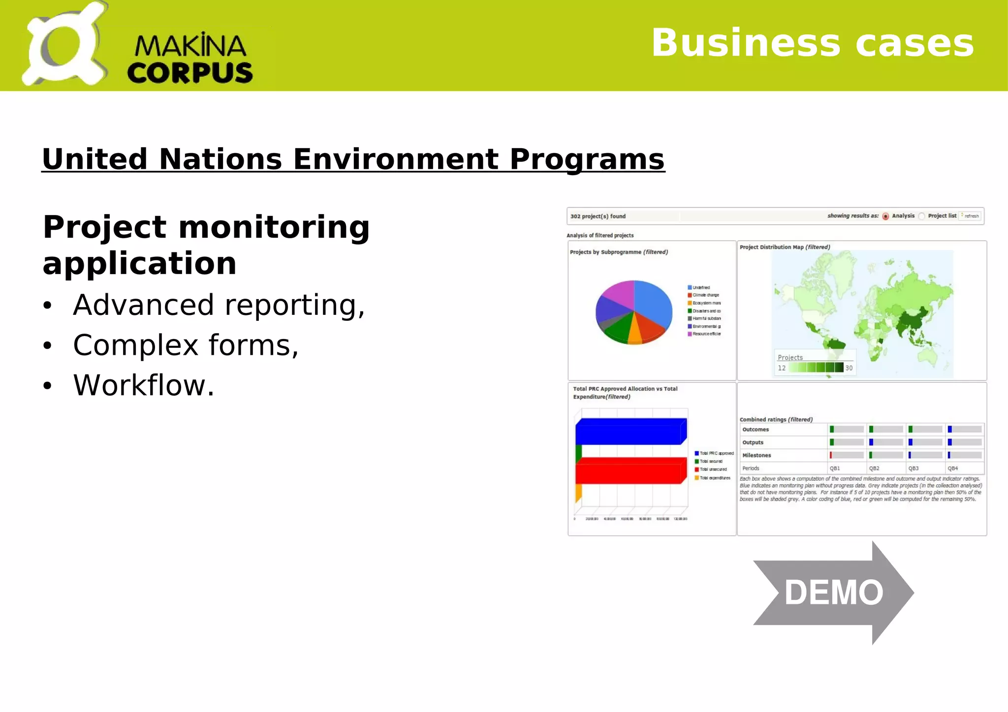    
Project monitoring
application
● Advanced reporting,
● Complex forms,
● Workflow.
Business cases
DEMO
United Nations Environment Programs
 