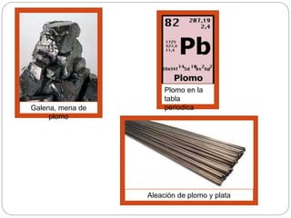 Galena, mena de
plomo
Plomo en la
tabla
periodica
Aleación de plomo y plata