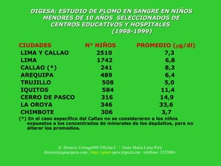 DIGESA: ESTUDIO DE PLOMO EN SANGRE EN NIÑOS MENORES DE 10 AÑOS  SELECCIONADOS DE CENTROS EDUCATIVOS Y HOSPITALES    (1998-...