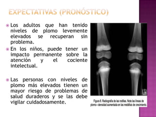 Los adultos que han tenido
niveles de plomo levemente
elevados se recuperan sin
problema.
 En los niños, puede tener un
impacto permanente sobre la
atención
y
el
cociente
intelectual.




Las personas con niveles de
plomo más elevados tienen un
mayor riesgo de problemas de
salud duraderos y se las debe
vigilar cuidadosamente.

 