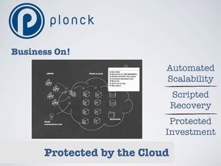 Business On!
                           Automated
                           Scalability
                               Scripted
                               Recovery
                            Protected
                           Investment

      Protected by the Cloud
 
