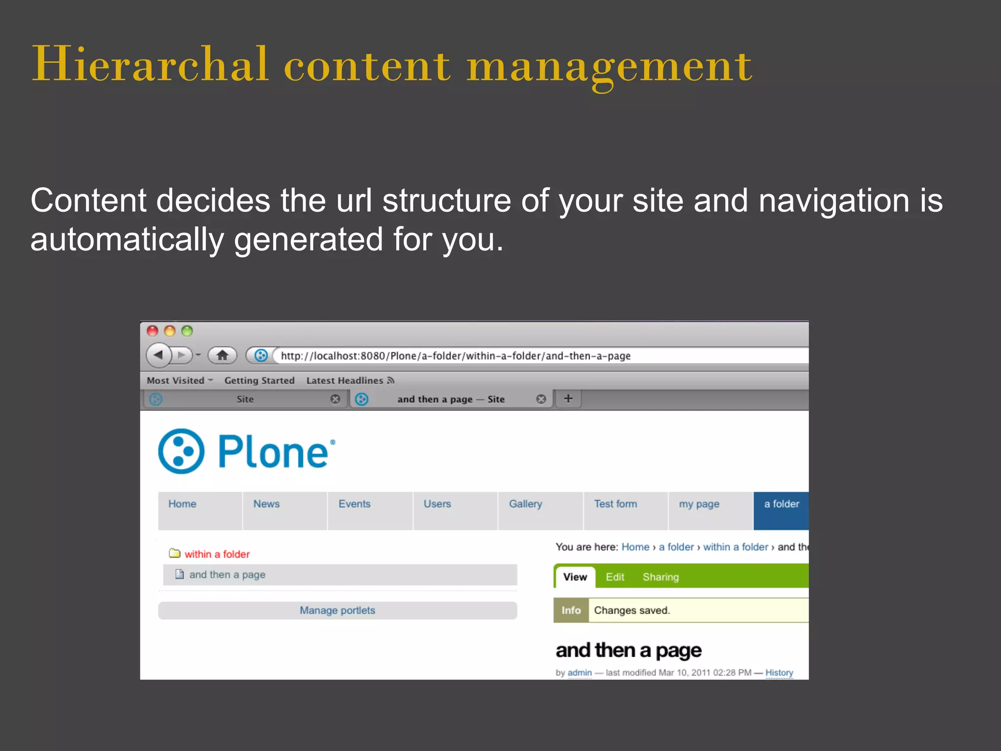 Hierarchal content management

Content decides the url structure of your site and navigation is
automatically generated for you.
 