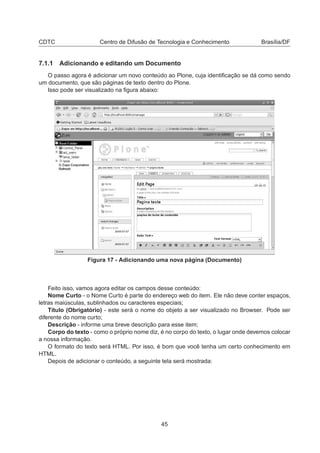 CDTC Centro de Difusão de Tecnologia e Conhecimento Brasília/DF
7.1.1 Adicionando e editando um Documento
O passo agora é adicionar um novo conteúdo ao Plone, cuja identiﬁcação se dá como sendo
um documento, que são páginas de texto dentro do Plone.
Isso pode ser visualizado na ﬁgura abaixo:
Figura 17 - Adicionando uma nova página (Documento)
Feito isso, vamos agora editar os campos desse conteúdo:
Nome Curto - o Nome Curto é parte do endereço web do item. Ele não deve conter espaços,
letras maiúsculas, sublinhados ou caracteres especiais;
Título (Obrigatório) - este será o nome do objeto a ser visualizado no Browser. Pode ser
diferente do nome curto;
Descrição - informe uma breve descrição para esse item;
Corpo do texto - como o próprio nome diz, é no corpo do texto, o lugar onde devemos colocar
a nossa informação.
O formato do texto será HTML. Por isso, é bom que você tenha um certo conhecimento em
HTML.
Depois de adicionar o conteúdo, a seguinte tela será mostrada:
45
 