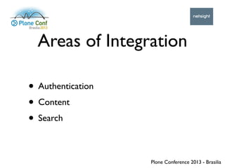 Plone Conference 2013 - Brasilia
Areas of Integration
• Authentication
• Content
• Search
 