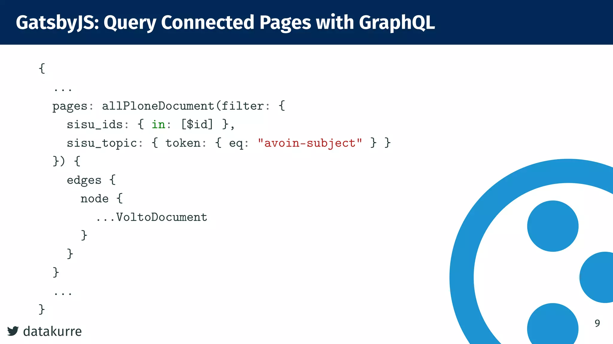 datakurre
GatsbyJS: Query Connected Pages with GraphQL
{
...
pages: allPloneDocument(filter: {
sisu_ids: { in: [$id] },
sisu_topic: { token: { eq: "avoin-subject" } }
}) {
edges {
node {
...VoltoDocument
}
}
}
...
}
9
 