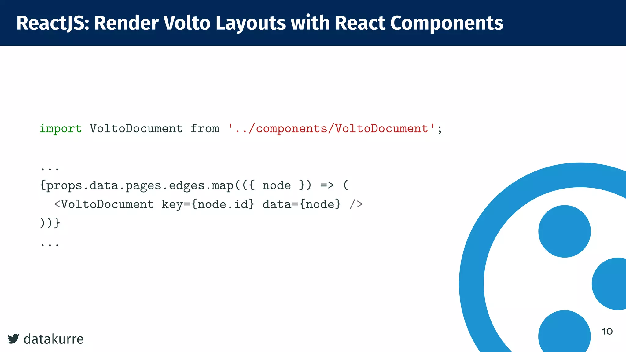 datakurre
ReactJS: Render Volto Layouts with React Components
import VoltoDocument from '../components/VoltoDocument';
...
{props.data.pages.edges.map(({ node }) => (
<VoltoDocument key={node.id} data={node} />
))}
...
10
 
