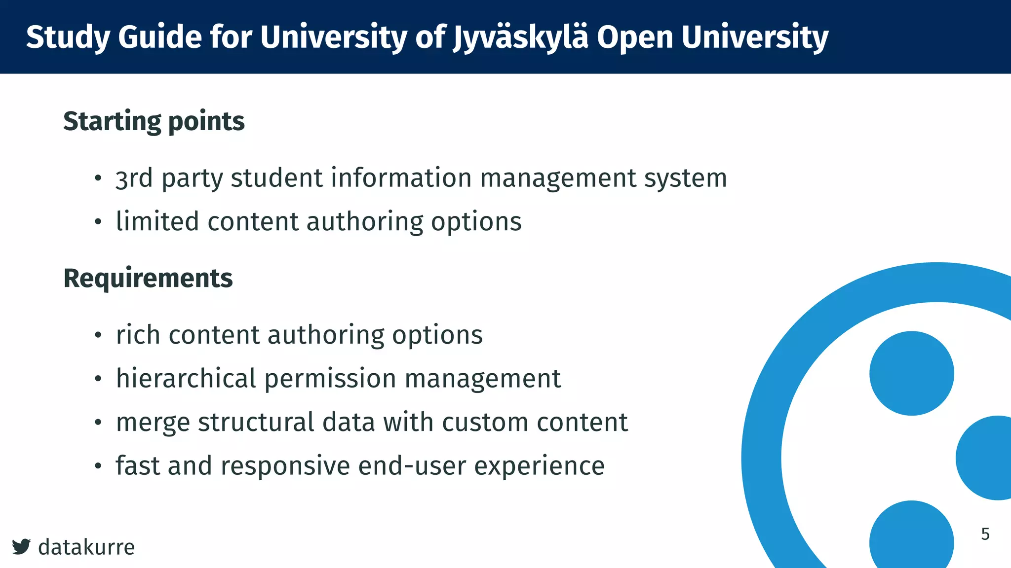 datakurre
Study Guide for University of Jyväskylä Open University
Starting points
• 3rd party student information management system
• limited content authoring options
Requirements
• rich content authoring options
• hierarchical permission management
• merge structural data with custom content
• fast and responsive end-user experience
5
 