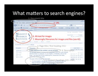 What	
  maXers	
  to	
  search	
  engines?	
  
1.	
  Document	
  4tle	
  
2.	
  URL	
  
3.	
  Page	
  4tle	
  /	
  ﬁrst	
  heading	
  <h1>	
  
4.	
  Descrip4on	
  
5.	
  Content	
  (headings	
  <h2>-­‐<h6>,	
  	
  
	
  	
  	
  	
  <strong>,	
  <em>)	
  
6.	
  Alt-­‐text	
  for	
  images	
  
7.	
  Meaningful	
  ﬁlenames	
  for	
  images	
  and	
  ﬁles	
  (see	
  #2)	
  
 