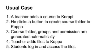 Usual Case 
1. A teacher adds a course to Korppi 
2. He clicks a button to create course folder to 
Koppa 
3. Course folder, groups and permission are 
generated automatically 
4. Teacher adds files to Koppa 
5. Students log in and access the files 
 