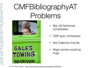 CMFBibliographyAT
Problems
• Big, old fashioned,
complicated
• CMF layer, Archetypes
• Not Collection friendly
• Major rewrite would be
huge
CC BY Stuart Seeger - http://www.ﬂickr.com/photos/stuseeger/216598424/
 