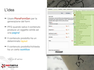 ’i




                                    http://www.ﬂickr.com/photos/poportis/2205088894/
➡ Usare PloneFormGen per la
  generazione del form

➡ PFG quando salva il contenuto
  produce un oggetto simile ad
  una pagina*

➡ Il contenuto prodotto ha un
  determinato layout

➡ Il contenuto prodotto/richiesta
  ha un certo workﬂow



  * C’e’ un AT ad hoc



   Stefano Marchetti
 
