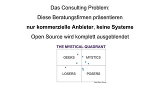 Das Consulting Problem:
Diese Beratungsfirmen präsentieren
nur kommerzielle Anbieter, keine Systeme
Open Source wird komplett ausgeblendet
 