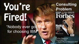 “Nobody ever got fired
for choosing IBM”
Forbes Magazine
November 2007
→ Apple iPhone Released 2007
Consulting
Problem
 