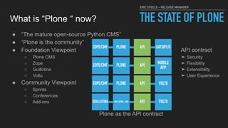 What is “Plone “ now?
● “The mature open-source Python CMS”
● “Plone is the community”
● Foundation Viewpoint API contract
○ Plone CMS ➤ Security
○ Zope ➤ Flexibility
○ Guillotina ➤ Extensibility
○ Volto ➤ User Experience
● Community Viewpoint
○ Sprints
○ Conferences
○ Add-ons
Plone as the API contract
 