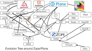 bobo
Principia
ZODB
ZeroDB
NewtDBCMF
Silva
ZMS
Nuxeo
ZCA
ZTK
Grok .
Blue Bream
repoze.bfgmorepath
twisted
aiohttp
Paster
WebOb
Pylons
Ruby on Rails
plone.server
WSGI
Evolution Tree around Zope/Plone
Zope 3
SubstanceD
Kotti
React
 