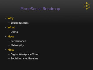 PloneSocial Roadmap
● Why
– Social Business
● What
– Features & Demo
– Philosophy
● Vision
– Digital Workplace Technology
...