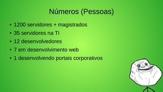Números (Pessoas)
●   1200 servidores + magistrados
●   35 servidores na TI
●   12 desenvolvedores
●   7 em desenvolvimento web
●   1 desenvolvendo portais corporativos
 