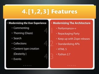 4.[1,2,3] Features
‣   Modernizing the User Experience   ‣   Modernizing The Architecture


                              ...