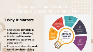 Creating a School Culture that
Encourages Questioning & Reflection
🧠 Why It Matters
● Encourages curiosity &
independent thinking
● Builds confidence in
students & teachers to
express ideas
● Prepares students for real-
world problem-solving
 