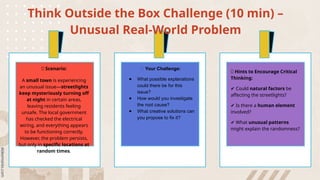 Think Outside the Box Challenge (10 min) –
Unusual Real-World Problem
🔹 Scenario:
A small town is experiencing
an unusual issue—streetlights
keep mysteriously turning off
at night in certain areas,
leaving residents feeling
unsafe. The local government
has checked the electrical
wiring, and everything appears
to be functioning correctly.
However, the problem persists,
but only in specific locations at
random times.
💡 Your Challenge:
● What possible explanations
could there be for this
issue?
● How would you investigate
the root cause?
● What creative solutions can
you propose to fix it?
🧐 Hints to Encourage Critical
Thinking:
✔ Could natural factors be
affecting the streetlights?
✔ Is there a human element
involved?
✔ What unusual patterns
might explain the randomness?
 