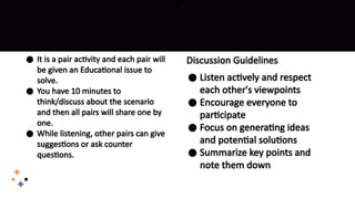 ● It is a pair activity and each pair will
be given an Educational issue to
solve.
● You have 10 minutes to
think/discuss about the scenario
and then all pairs will share one by
one.
● While listening, other pairs can give
suggestions or ask counter
questions.
Discussion Guidelines
● Listen actively and respect
each other's viewpoints
● Encourage everyone to
participate
● Focus on generating ideas
and potential solutions
● Summarize key points and
note them down
 