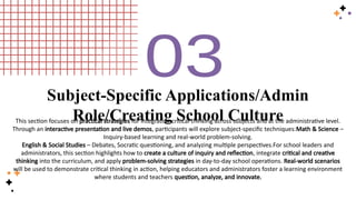 Subject-Specific Applications/Admin
Role/Creating School Culture
This section focuses on practical strategies for integrating critical thinking across subjects and at the administrative level.
Through an interactive presentation and live demos, participants will explore subject-specific techniques:Math & Science –
Inquiry-based learning and real-world problem-solving.
English & Social Studies – Debates, Socratic questioning, and analyzing multiple perspectives.For school leaders and
administrators, this section highlights how to create a culture of inquiry and reflection, integrate critical and creative
thinking into the curriculum, and apply problem-solving strategies in day-to-day school operations. Real-world scenarios
will be used to demonstrate critical thinking in action, helping educators and administrators foster a learning environment
where students and teachers question, analyze, and innovate.
 