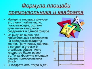 Формула площади
прямоугольника и квадрата
• Измерить площадь фигуры-
это значит найти число,
показывающее, сколько
единичных квадратов
содержится в данной фигуре.
• Из рисунка видно, что
прямоугольник разбивается
на единичные квадраты-
клетки. Получилась таблица,
в которой a строк и b
столбцов: общее число
квадратов будет равно
a.
b.Тогда формула площади
нашего прямоугольника
S=a.b.
• В квадрате a=b, тогда Sкв=a2
.
 