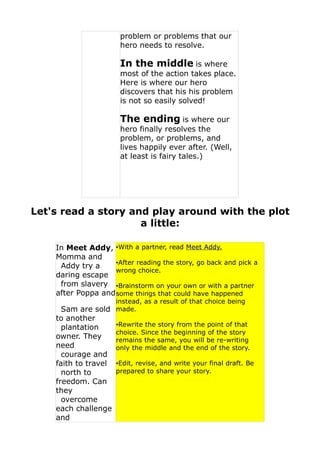 problem or problems that our
                       hero needs to resolve.

                       In the middle is where
                       most of the action takes place.
                       Here is where our hero
                       discovers that his his problem
                       is not so easily solved!

                       The ending is where our
                       hero finally resolves the
                       problem, or problems, and
                       lives happily ever after. (Well,
                       at least is fairy tales.)




Let's read a story and play around with the plot
                     a little:

    In Meet Addy, •With a partner, read Meet Addy.
    Momma and
                    •After reading the story, go back and pick a
     Addy try a
                    wrong choice.
    daring escape
     from slavery •Brainstorm on your own or with a partner
    after Poppa and some things that could have happened
                      instead, as a result of that choice being
      Sam are sold    made.
    to another
      plantation      •Rewrite the story from the point of that
                      choice. Since the beginning of the story
    owner. They       remains the same, you will be re-writing
    need              only the middle and the end of the story.
      courage and
    faith to travel   •Edit, revise, and write your final draft. Be
      north to        prepared to share your story.
    freedom. Can
    they
      overcome
    each challenge
    and
 