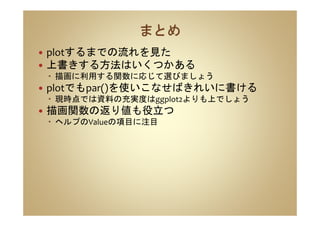 plotするまでの流れを見た
上書きする方法はいくつかある
描画に利用する関数に応じて選びましょう
plotでもpar()を使いこなせばきれいに書ける
現時点では資料の充実度はggplot2よりも上でしょう
描画関数の返り値も役立つ
ヘルプのValueの項目に注目
 