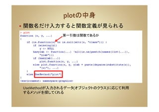 関数名だけ入力すると関数定義が見られる
UseMethodが入力されるデータ(オブジェクトのクラス)に応じて利用
するメソッドを探してくれる
第一引数は関数であるか
 