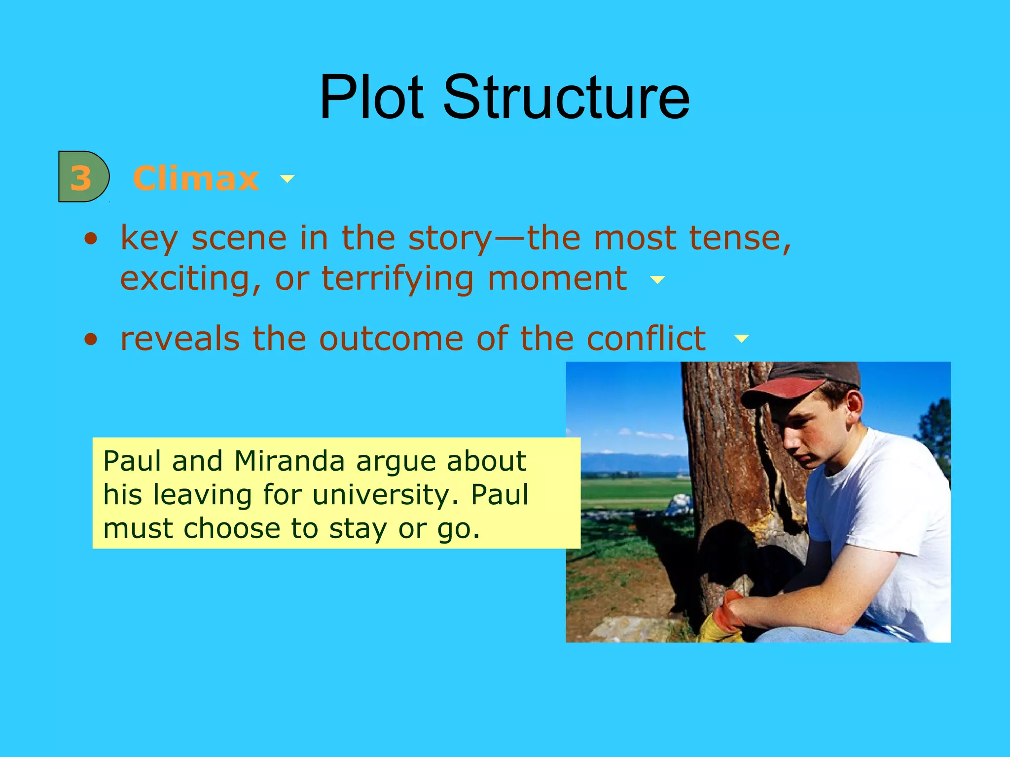 Plot Structure
3     Climax
• key scene in the story—the most tense,
  exciting, or terrifying moment
• reveals the outcome of the conflict


    Paul and Miranda argue about
    his leaving for university. Paul
    must choose to stay or go.
 
