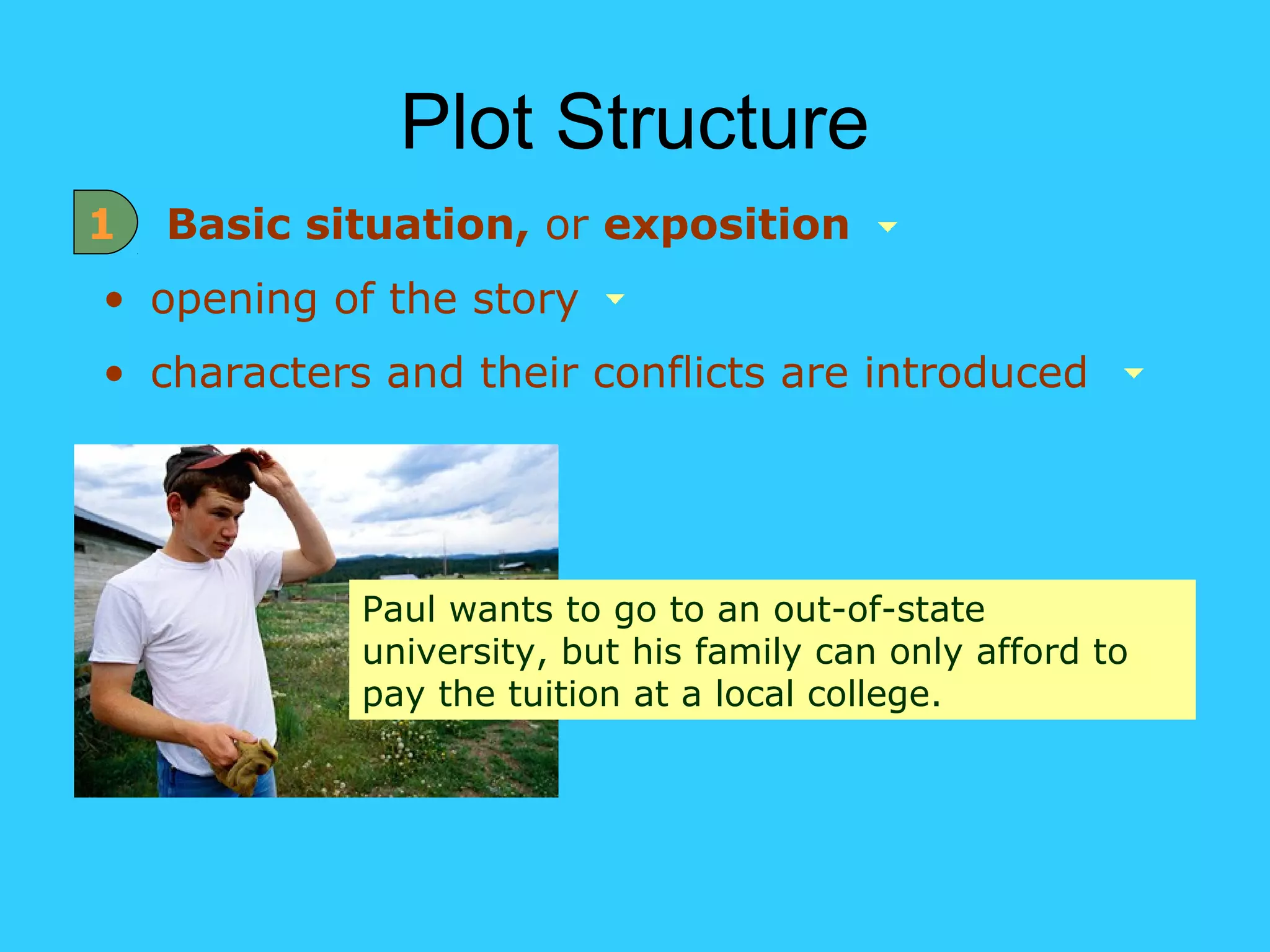 Plot Structure
1   Basic situation, or exposition
• opening of the story
• characters and their conflicts are introduced




            Paul wants to go to an out-of-state
            university, but his family can only afford to
            pay the tuition at a local college.
 