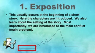 1. Exposition
• This usually occurs at the beginning of a short
story. Here the characters are introduced. We also
learn about the setting of the story. Most
importantly, we are introduced to the main conflict
(main problem).
 
