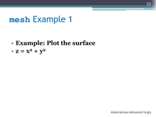 mesh Example 1
• Example: Plot the surface
• z = x2 + y2
Abdelrahman Mohamed fargly
33
 