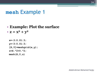 mesh Example 1
• Example: Plot the surface
• z = x2 + y2
x=-3:0.01:3;
y=-3:0.01:3;
[X,Y]=meshgrid(x,y);
z=X.^2+Y.^2;
mesh(X,Y,z)
Abdelrahman Mohamed fargly
34
 