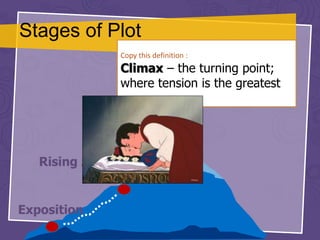Stages of Plot
Exposition
Rising Action
Climax
Copy this definition :
Climax – the turning point;
where tension is the greatest
 
